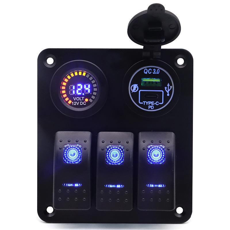 车船通用面板组合开关3+2A+C车充带按键开关/彩屏电压