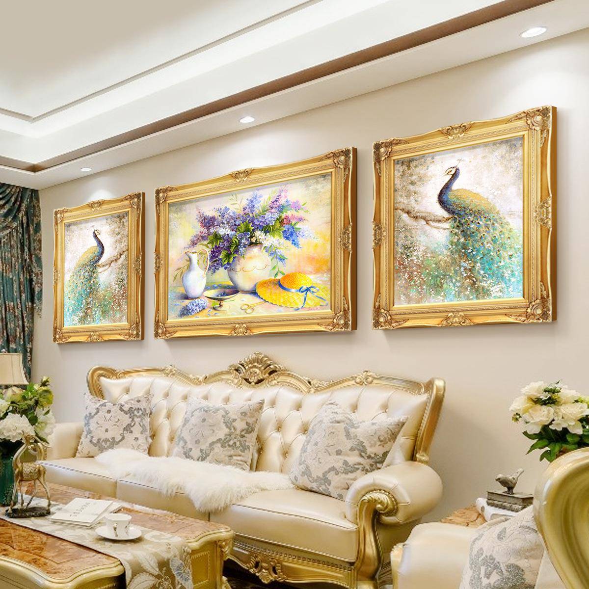 客厅背景装饰画孔雀花卉油画壁画欧式大气三联组合挂画