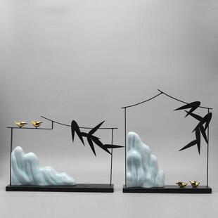 新中式现代铁艺杏叶陶瓷山峰摆件创意样板房间玄关电视柜软装饰品