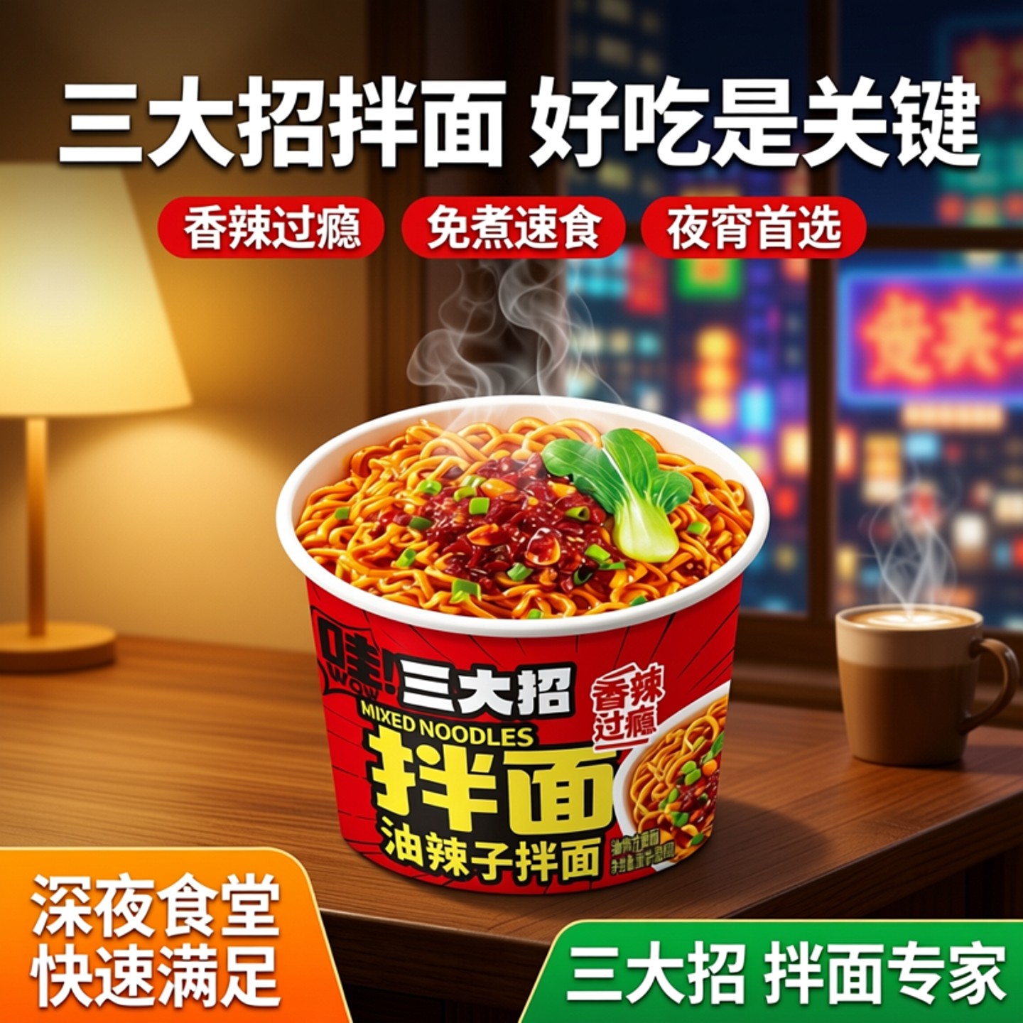 三大招油辣子拌面火鸡豌杂葱油夜宵免煮干拌速食方便面桶装整箱