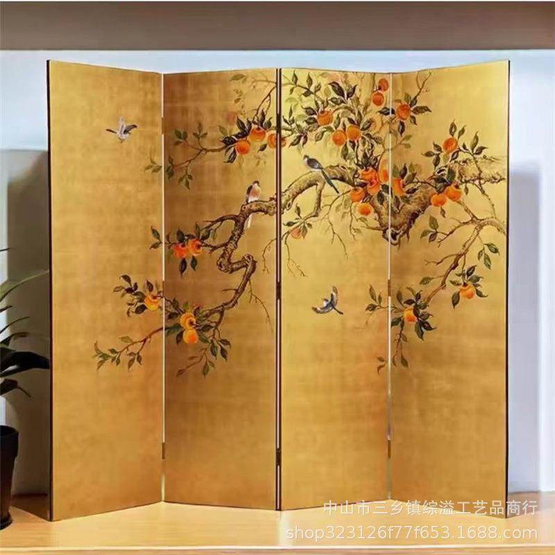 金箔屏风手绘事事如意漆画中式客厅书房隔断实木背景移动折叠屏风