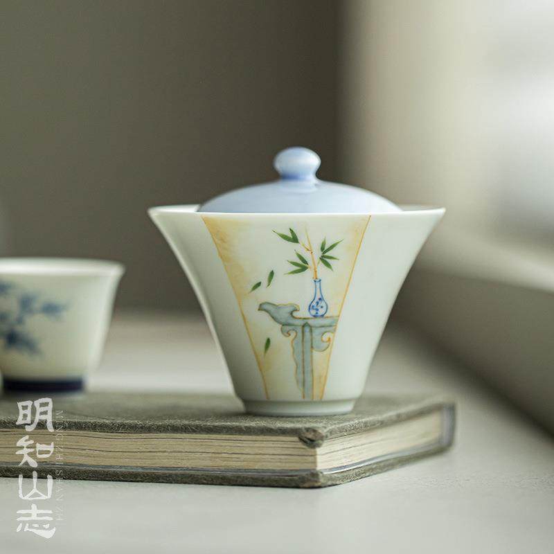 明知山志晴山蓝案头赏竹云归盖碗手绘文人器文竹盖碗陶瓷功夫碗,节庆用品/礼品,新娘配件,淘宝优惠券,粉丝福利购,淘宝优惠卷