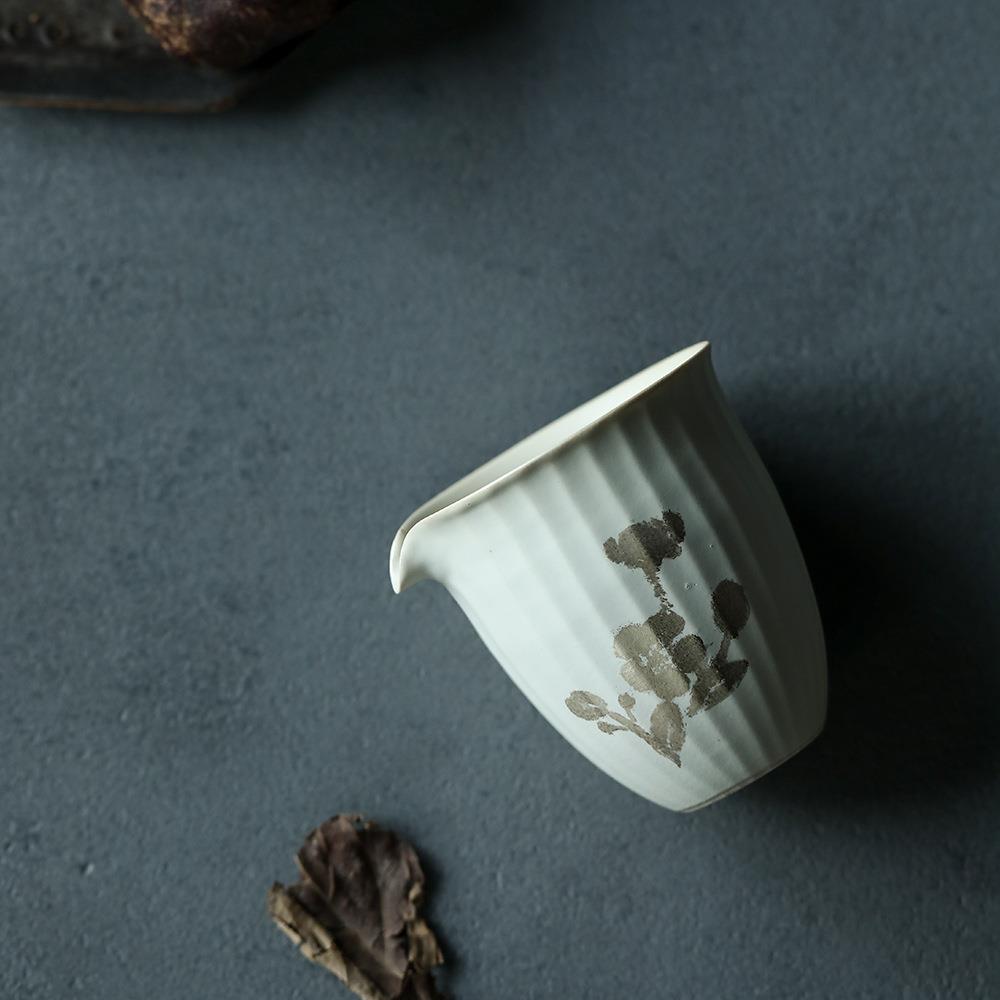 晴先生鎏银版刻手绘桃花陶艺家全手工作多棱小公道杯匀杯茶道