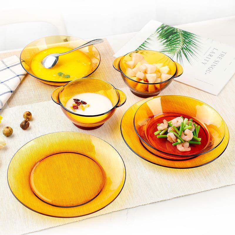 多莱斯进口耐热双耳碗家用饭碗沙拉碗高颜值玻璃餐具盘碟6件套