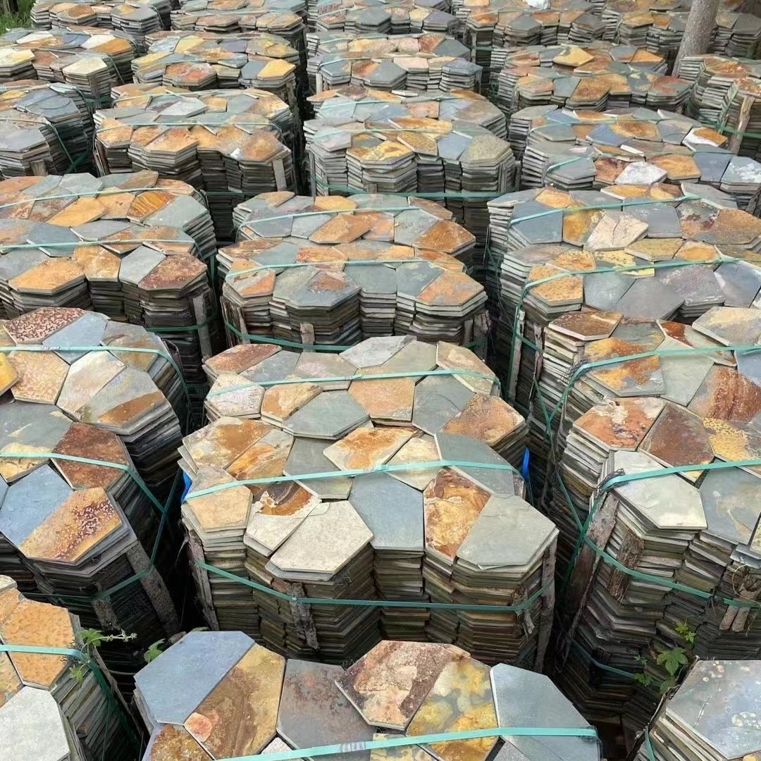 加工锈色冰裂纹锈黄色冰裂纹碎拼石锈色板岩龟裂纹民宿仿古砖