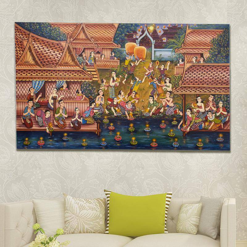 泰国手绘金箔画玄关客厅壁画装饰画餐厅过道走廊水灯节人物挂画
