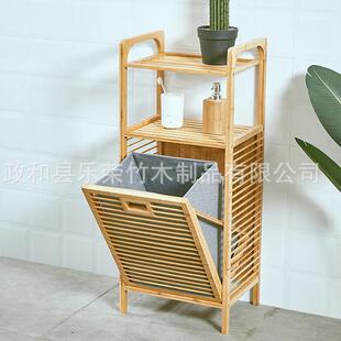多层布艺竹制置物架可侧拉脏衣篓卫生间置物架收纳架洗衣篮