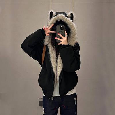 黑色座山雕猫耳朵连帽棉服女2025冬季新款加绒加厚棉衣设计感外套