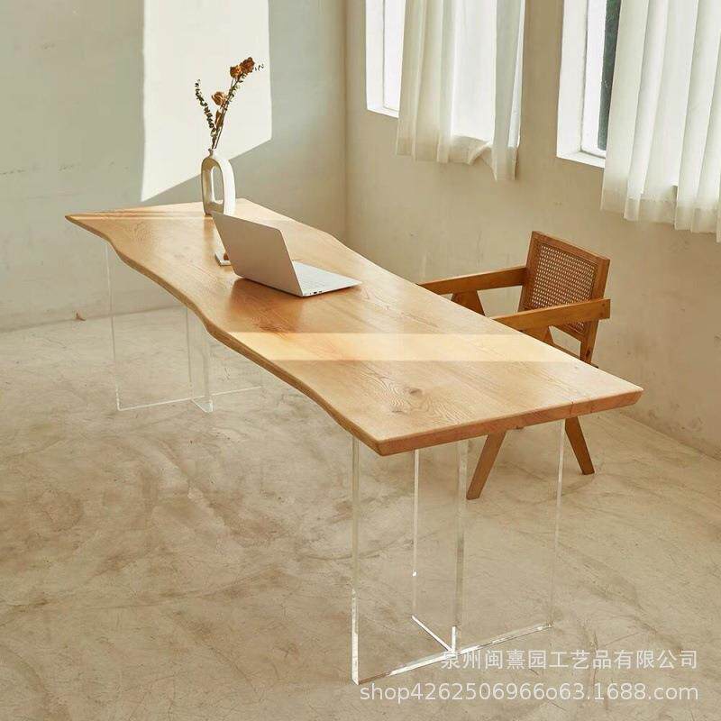 简约白蜡木双拼办公桌工作室家用亚克力实木工作台大板桌悬浮桌子