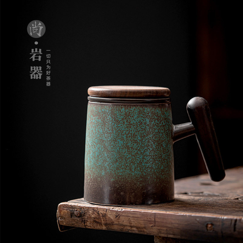 复古马克杯带盖中式轻奢办公室茶水分离杯子家用陶瓷过滤茶杯