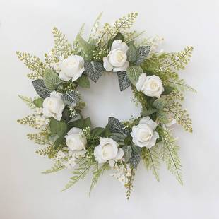春天人造花环绢布花白色玫瑰门环入户门房间卧室客厅餐厅墙饰挂饰