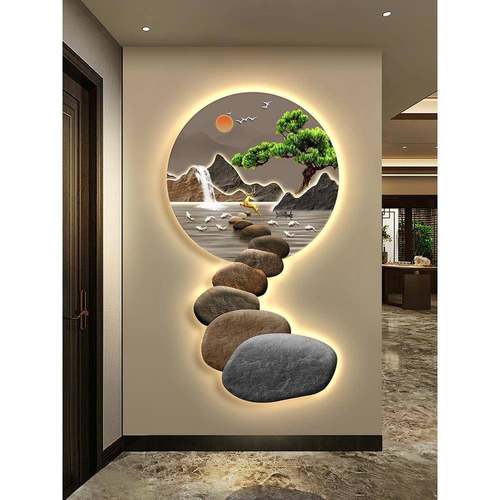 迎客松入户玄关装饰画led灯画石来运转走廊过道挂画现代大气壁画