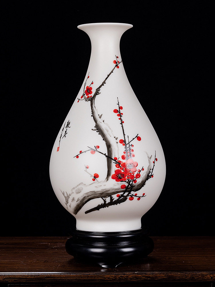 羊脂玉陶瓷手绘玉壶春花瓶摆件客厅插花中式古典家居装饰品