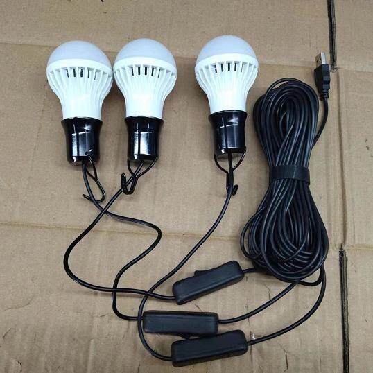 USB灯泡一拖三LED灯泡5M线长带挂钩开关5V输入户外电源专用照明