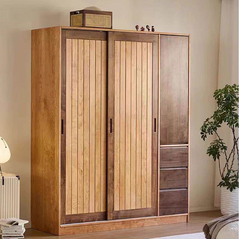 北欧日式实木推拉门衣柜中式简约现代原木樱桃木衣柜家用卧室储物