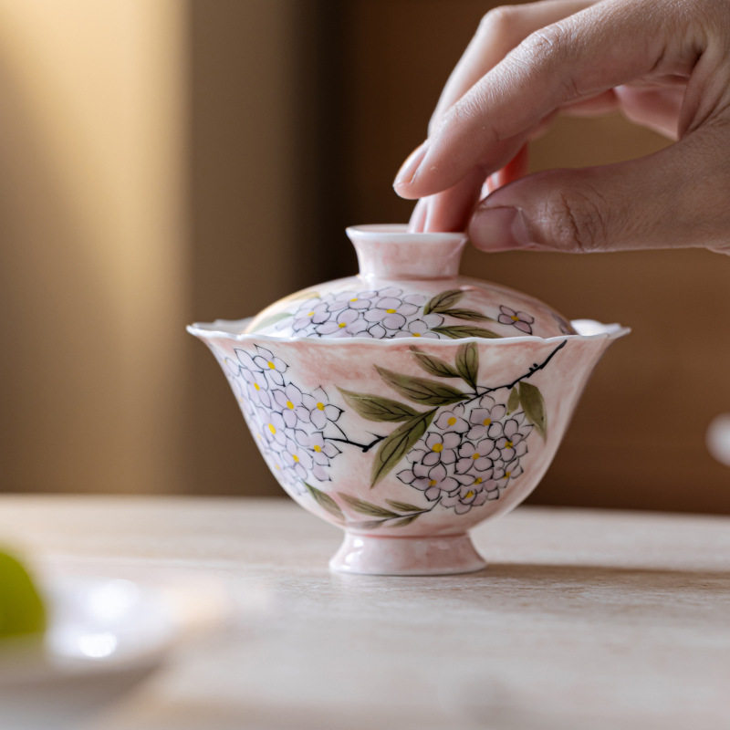 手绘木绣球三才盖碗茶杯女士家用陶瓷茶具茶碗单个高档带盖不烫手