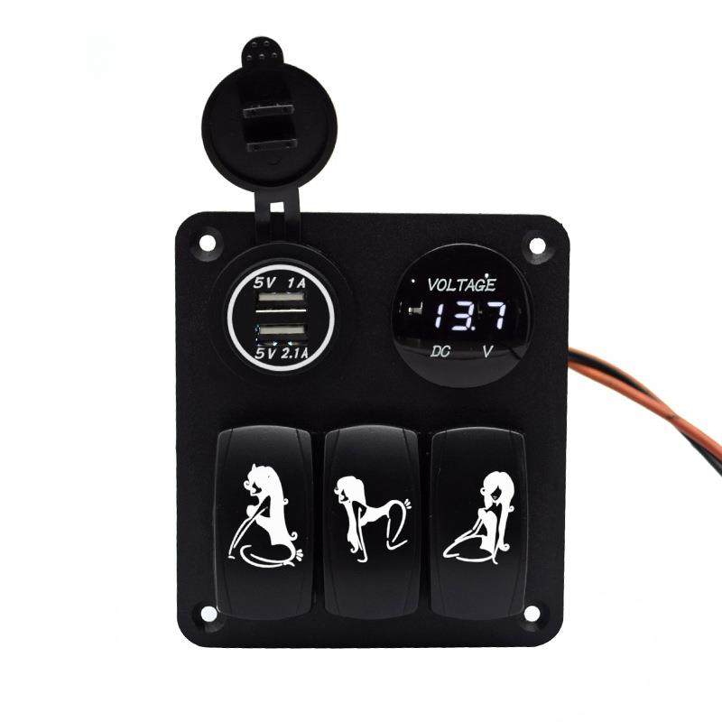 汽模改装通用3位美女组合开关面板+双USB充电座+新款电压表蓝灯Q,纺织面料/辅料/配套,纺织机械配件,淘宝优惠券,粉丝福利购,淘宝优惠卷