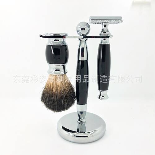 批发獾毛泡沫胡刷老式手动剃须刮胡刀金属支架黑色套装剃须神器