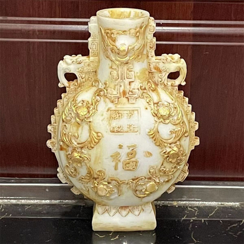 仿白玉花瓶古董玉器古董把件仿高古玉福寿花瓶摆件复古玉雕