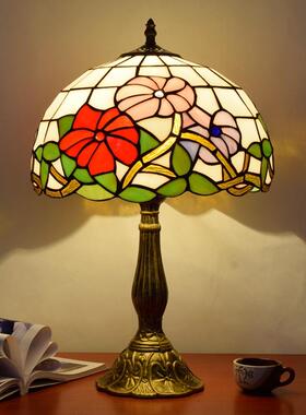 欧琈蒂凡尼田园创意彩色玻璃牵牛花卧室床头台灯红色喜庆灯