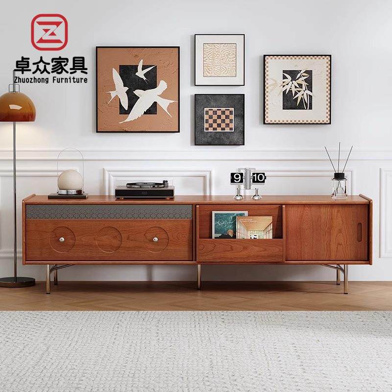 中古风樱桃木电视柜茶几组合复古风小户型原木客厅落地矮柜三件套