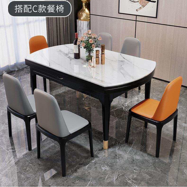 轻奢岩板餐桌椅组合实木岩板家用小户型现代简约可伸缩圆桌饭桌