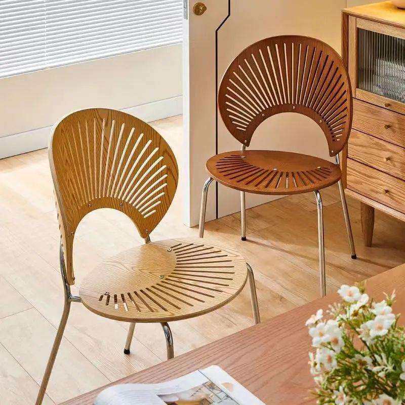 北欧实木贝壳椅餐椅靠背椅网红椅子法式复古中古简约餐桌椅化妆椅