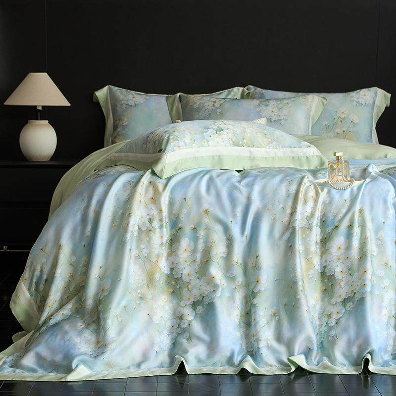 美式田园夏季纯享天丝床上四件套粉花卉数码印花床单被套床品套件