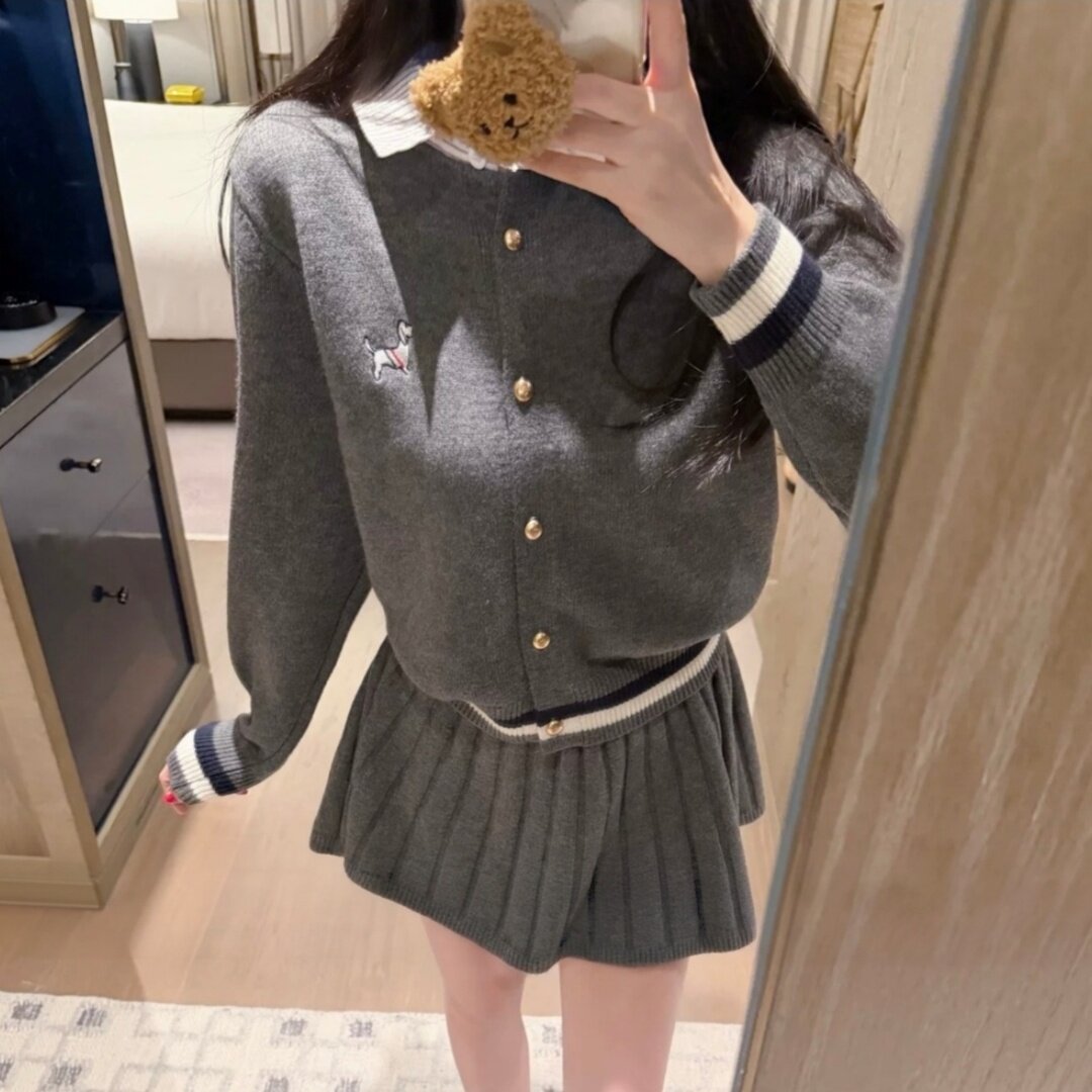 韩系刺绣毛针织衫短裙套装2026秋季新款气质休闲两件套女