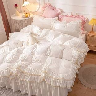 欧式双层蕾丝花边压花床单被套公主风牛奶水晶绒四件套冬天珊瑚绒
