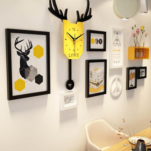 实木_6573_实木照片墙优惠摇摆钟表装饰画北欧相框能换相片真钟表