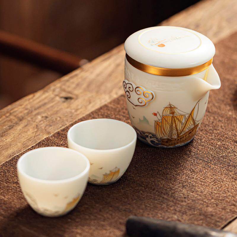 一帆风顺德化白瓷素烧羊脂玉陶瓷一壶二杯快客杯便携旅行茶具套装