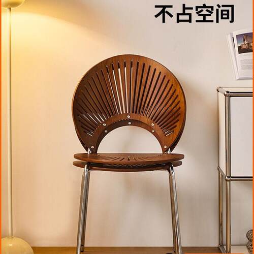 AL实木餐椅贝壳椅家用简约靠背餐桌椅子复古中古茶桌轻奢感木