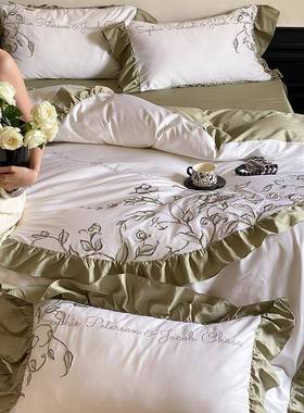 法式10长0棉荷叶边四件绣套复古风纯棉SZA刺被套床绒单全棉床上用