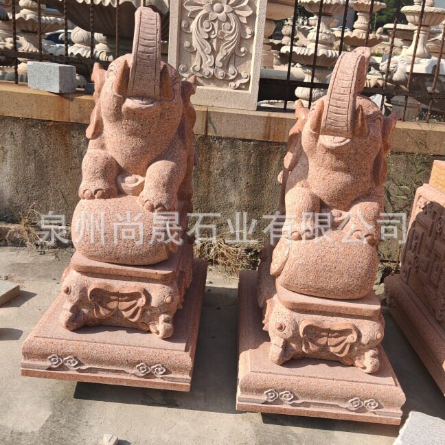 红色花岗岩大象动物雕塑 红色石材小象 招财红色石头大象门口摆件