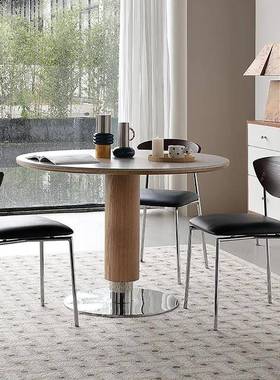 简约原家木洞石岩板小圆桌桌餐桌用小ZML户型全实木色圆形餐椅组