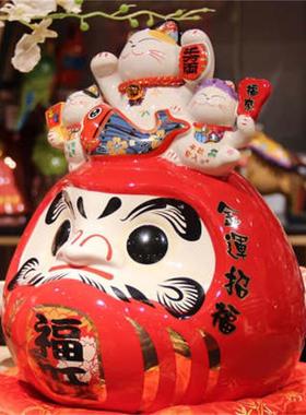 厂家直销9EIG寸红色福司旺达摩存钱罐寿店客厅摆乐件陶瓷工喵艺品