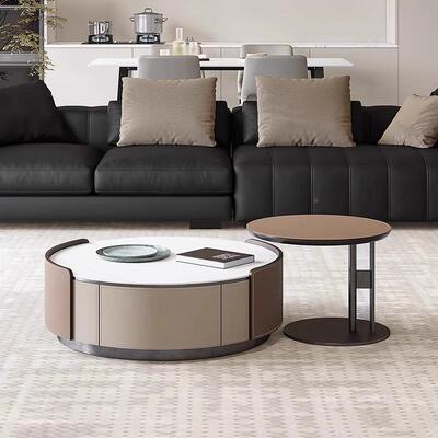 意式极简奶边油风马鞍皮板岩茶几几XGM组合圆形轻奢客厅小型茶几