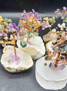天然黄紫你粉水晶水晶碎石发财树REQ手工编织家摆居车载迷小水晶