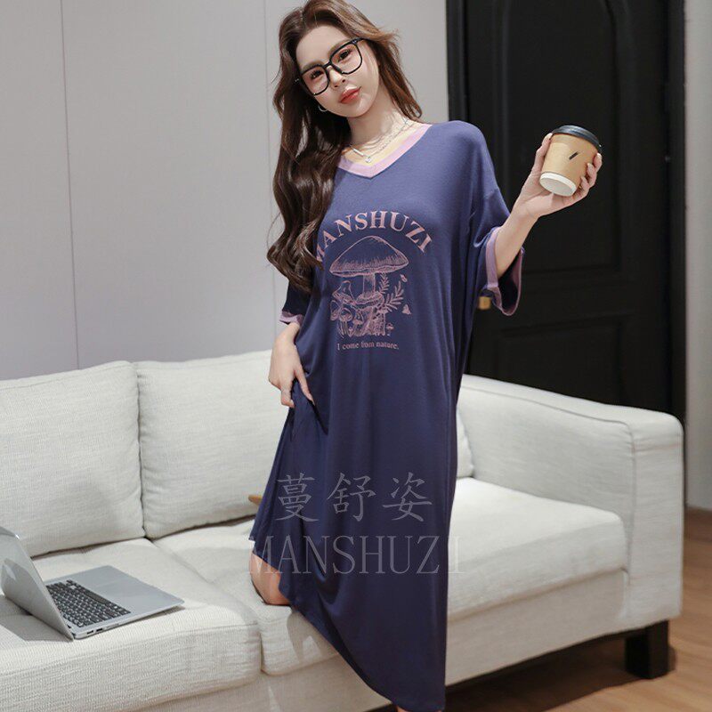 【认准正版】中长款大码凉感夏季女士休闲短袖宽松睡裙家居服V领