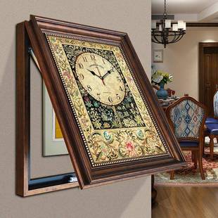 新中式古典美式电表箱装饰画带钟表竖款电闸箱遮挡挂画免打孔竖版