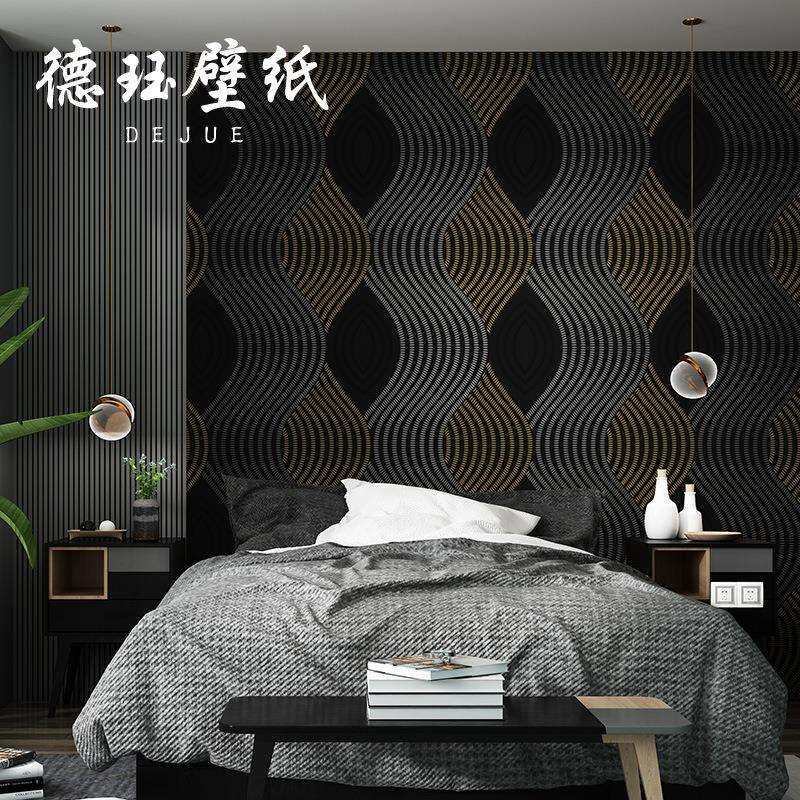 北欧几何抽象蓝色黑色波浪纹曲线条纹墙纸客厅卧室背景壁纸高级感