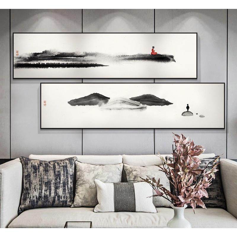 新中式禅意水墨卧室装饰画长方形横幅客厅国风酒店床头壁画