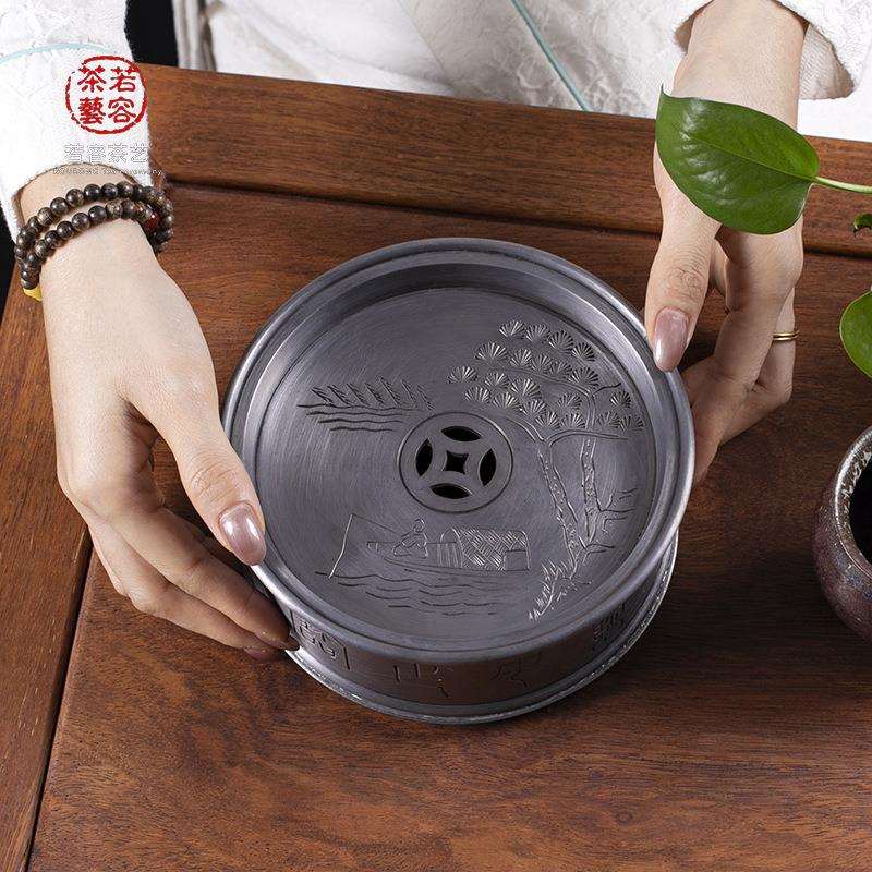 潮汕传统手工雕锡茶船锡壶承工夫茶具锡器颜义和制锡仿古锡干泡台