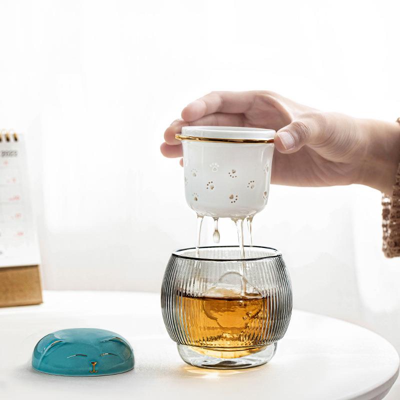 双层隔热防烫招财猫办公杯三件套茶水分离带过滤情侣咖啡杯马克杯