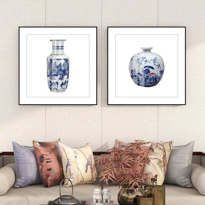 青花瓷装饰画新中式客厅挂画茶室画餐厅墙面装饰陶瓷瓷器花瓶壁画