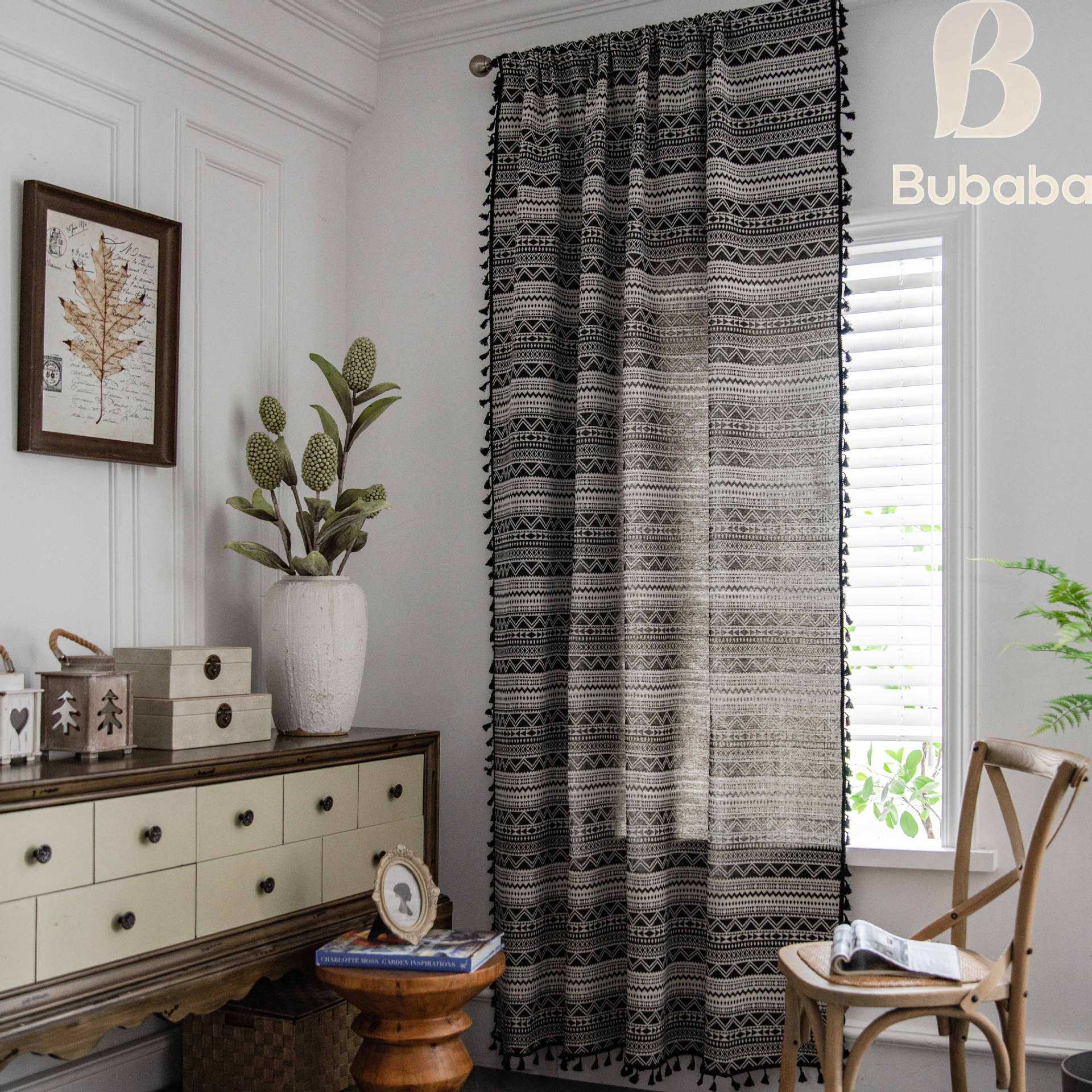 飞猫跨境波西米亚黑白波浪几何色织大提花黑色流苏半遮光成品窗帘