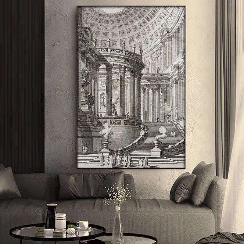 城市古建筑落地装饰画黑白艺术风景素描创意现代简约客厅卧室挂画