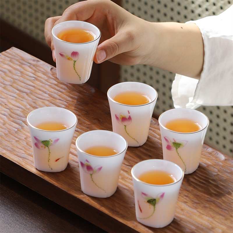 冰种玉瓷功夫小茶杯家用羊脂玉茶碗陶瓷品茗杯6只主人杯套装送礼