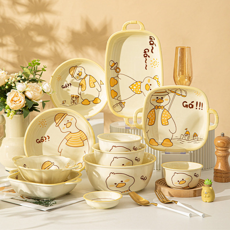 碗可爱黄小鸭陶瓷碗釉下彩家用碗碟套装米饭碗双耳碗汤碗陶瓷餐具,餐饮具,西餐餐具套装,淘宝优惠券,粉丝福利购,淘宝优惠卷